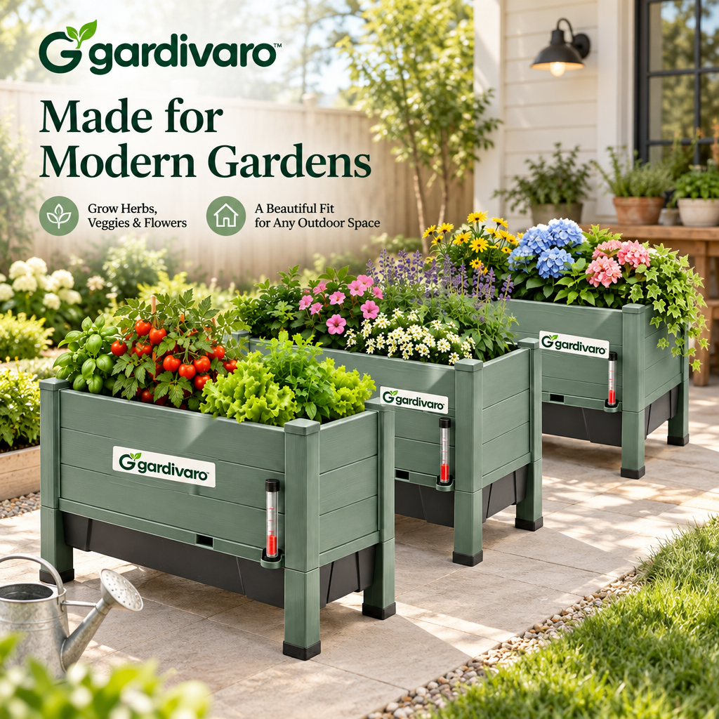 Gardivaro™ Self-Watering Planter Box Set - garden lifestyle and features