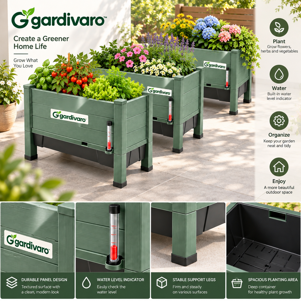Gardivaro™ Self-Watering Planter Box Set - garden lifestyle and features