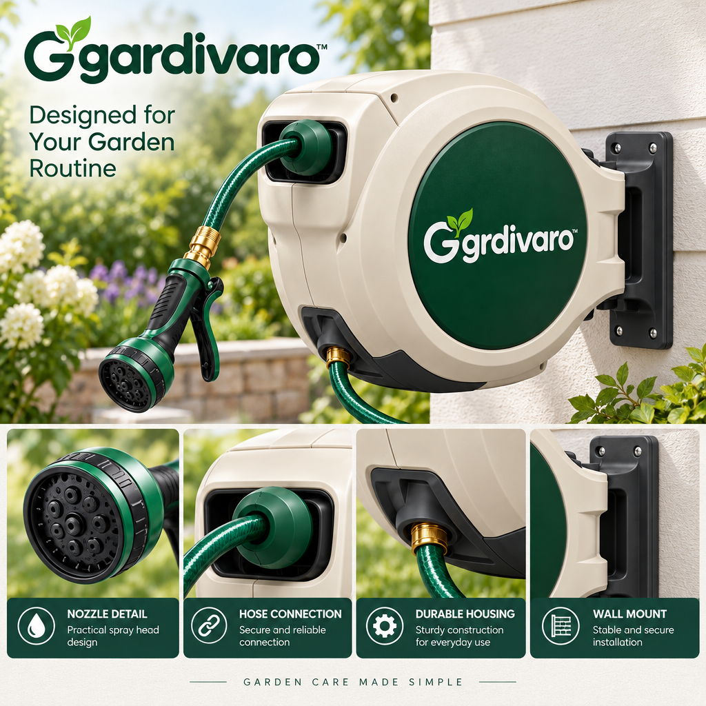 Gardivaro™ Retractable Garden Hose Reel - garden lifestyle and features