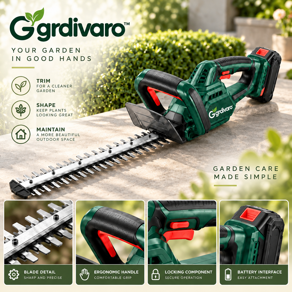 Gardivaro™ Cordless Hedge Trimmer - garden lifestyle and features